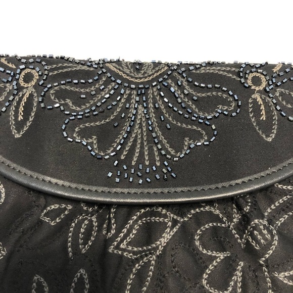 TALBOTS Black Bag With Cream Needlpoint and Adorned with Beautiful Blue Beeding - Picture 3 of 12